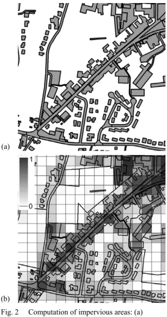 Fig. 2  Computation of impervious areas: (a)  Impervious landuse; (b) Impervious part of  cells