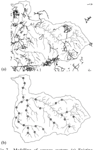 Fig. 7  Modelling of sewage system: (a) Existing  sewage network; (b) Locations of outlets of  virtual pipes