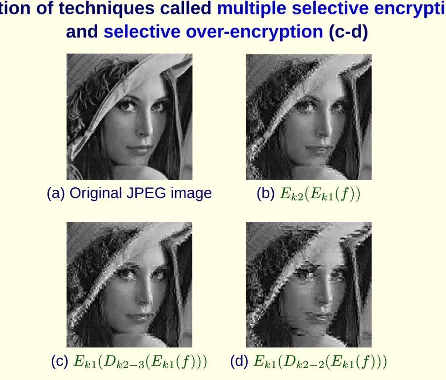 Illustration of techniques called multiple selective encryption (b) and selective over-encryption (c-d)