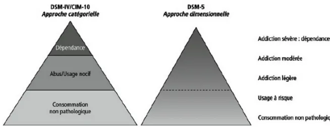 Figure 1 : Passage d’une classification en catégories (DSM-IV, CIM-10)   à une classification par degré de gravité (DSM-V) (16) 