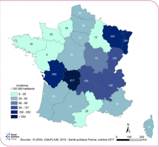 Figure 2: Estimation du taux d'incidence annuel moyen de la borréliose de Lyme par  région, France 2016 (Réseau Sentinelles) 