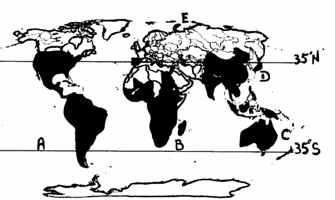 Figure 1. Areas infested by water hyacinth in worldwide. A: American continent, B: African  continent, C: Oceania, D: Asia continent, E: Europe continent