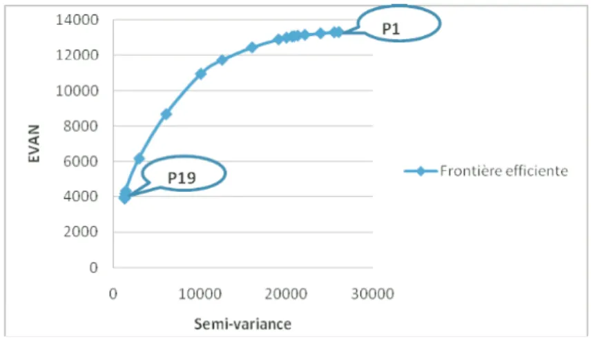 Fig. 7. Frontière efficiente pour un prix de 100 $ le barril