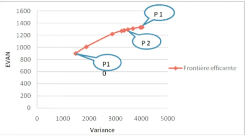 Fig. 2. Frontière efficiente pour un prix de 25 $ le barril