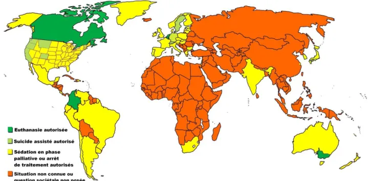 Figure 1 : Carte des pays du monde selon leurs législations sur la sédation, l’euthanasie   et le suicide assisté, d’après les données disponibles en octobre 2019 (Création)