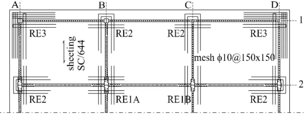 Figure 3.3.4. Layout of studs and re-bars on lines 1 and 2 of  