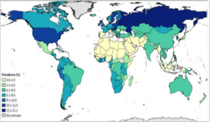 Figure 4- Prévalence du trouble de l’usage de l’alcool par pays (&gt; 15 ans) en 2016 selon  Carvalho et al (66) 