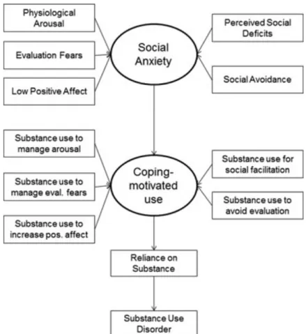Figure 5 – Modèle de compréhension des relations entre trouble de l’usage de substances et  anxiété sociale selon Buckner et al (103)