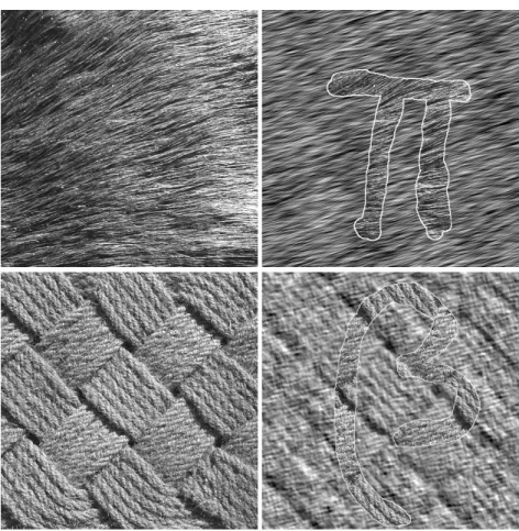 Figure 3. Extrapolation of two original textures 512 × 512 (left) with 500 spectral lines.