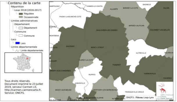 Figure 2 - Zone de présence du loup en Meurthe-et-Moselle (Source : ONCFS) 