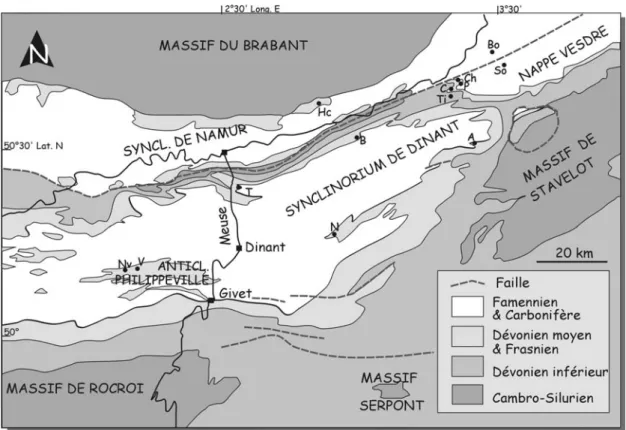 Figure III.1: carte géologique schématique d’une partie de la Wallonie et distribution des  affleurements (pour la légende des initiales des affleurements, voir Tableau III.1) 