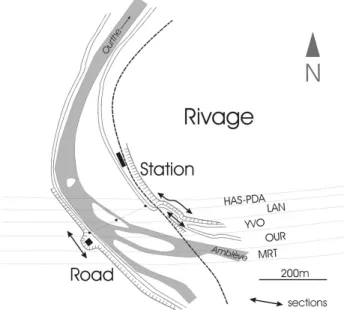 Figure 4. Location of the two parts of the Rivage section. Abbrevia- Abbrevia-tions: HAS – Hastière Fm.; PDA – Pont d’Arcole Fm.; YVO – Yvoir Fm.;