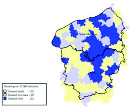 Figure 6 : La densité des médecins généralistes dans les départements de la Seine- Seine-Maritime et de l’Eure