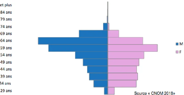 Figure 5 : Pyramide des âges des généralistes en activité régulière (premier  janvier 2018)  d’après le  CNOM (8)