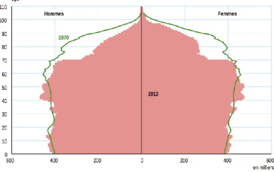 Figure 2 : Pyramide des âges en 2013 et 2070 (23). 