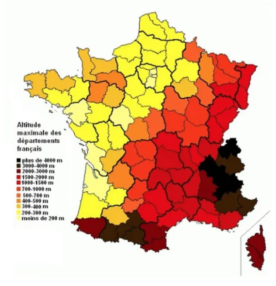 Figure 7 : Carte des altitudes en mètres des départements français (36) 