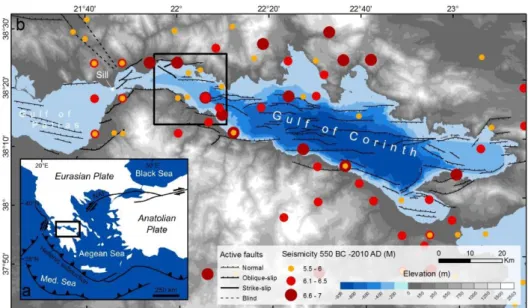 Fig. 1: Physiography, active faults, and historical seismicity (550 BC – 2010 AD, M≥5.5) in the area of the Gulfs of Patras and  Corinth The black box in (b) shows the study area