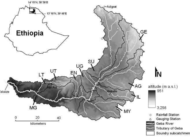 Fig. 1  Location and hydrology of the Geba catchment. See Table 1 for information on the catchment  characteristics    