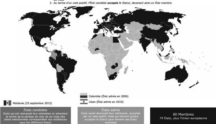 Figure 1 : Carte internationale représentant les Etats admis, membres et candidats à la  Convention de la Haye en 2015 (3) 
