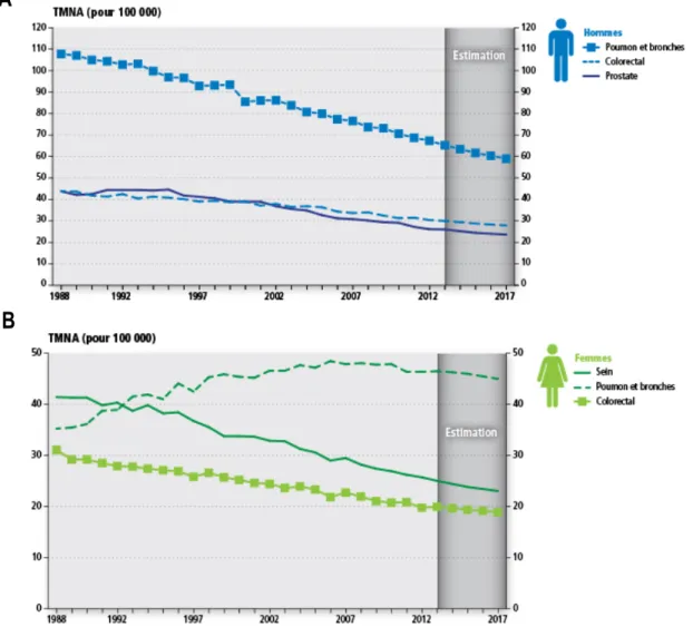 Figure 1.2 Taux de mortalité normalisé selon l’âge (TMNA) par cancers chez les hommes (A) et les femmes  (B), au Canada entre 1988 et 2017