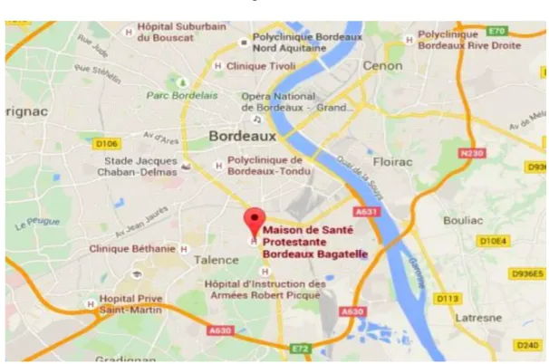 Figure 8 : Situation géographique de la MSPB et de l’HIA Robert Picqué sur Bordeaux  Métropole par rapport aux autres établissements de santé 