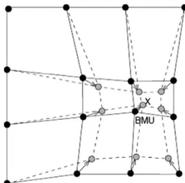 Figure 7 : Updating the best matching unit (BMU) and its neighbors towards the input vector x