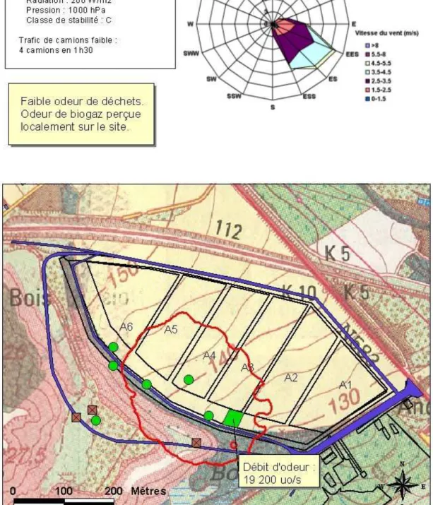 Figure 6 : Courbe limite de perception de l'odeur ajustée par le modèle pour le 11 mars 2004 