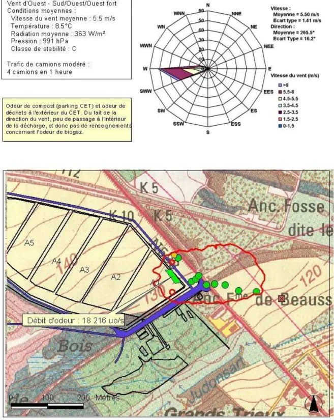 Figure 10 : Courbe limite de perception de l'odeur ajustée par le modèle pour le 6 avril 2004 