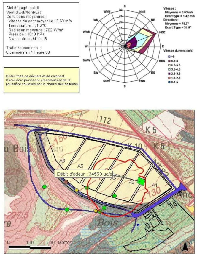 Figure 12 : Courbe limite de perception de l'odeur ajustée par le modèle pour le 26 avril 2004 