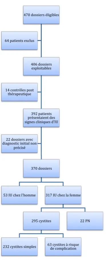 Figure   3   :   diagramme   de   flux   :   population   étudiée.                        470   dossiers   éligibles   406   dossiers   exploitables   392   patients   présentaient   des   signes   cliniques   d'IU   