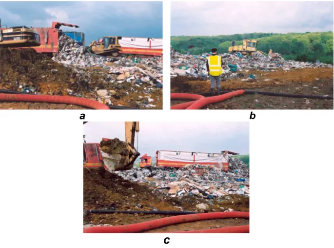 Figure 5 : Déversement (a), étalement (b) et recouvrement (c) des déchets. 