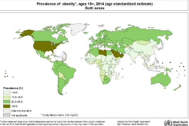 Figure 1 : Carte de la prévalence de l’obésité à travers le monde en 2014 d’après l’OMS