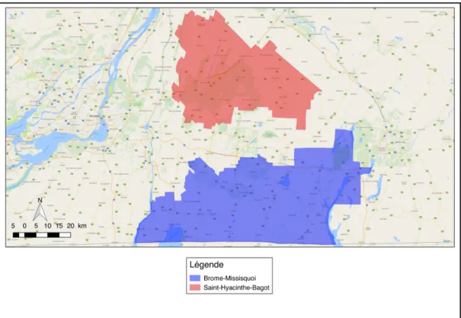 Figure 1.3 – Circonscriptions fédérales sélectionnées : Représentation géographique des deux circonscriptions à l’étude au fédéral.