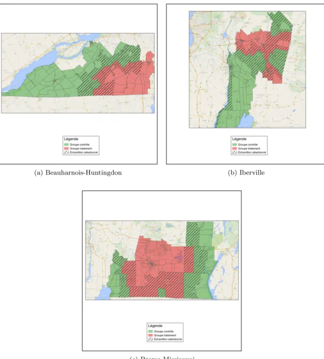 Figure 1.4 – Sections touchées et échantillons - Provincial : Représentation géographique des sections de vote affectées par le traitement (en rouge) et celles dans le groupes contrôle (en vert)