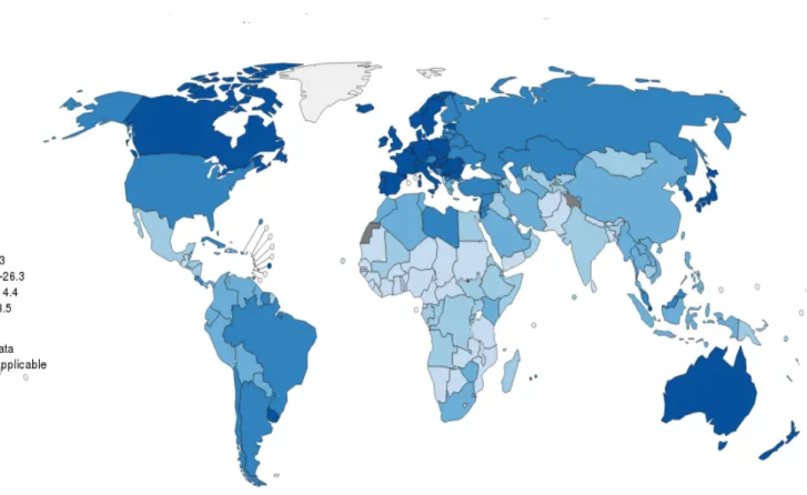 Figure 1 : Estimation du taux d'incidence (standardisé à l'âge et à la population mondiale)  du cancer colo-rectal dans le monde, en 2012, tous sexes confondus