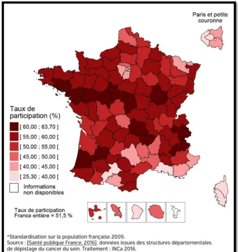 Figure N° 4 : Taux de participation au DO du cancer du sein selon les départements en 2015 