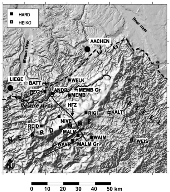 Fig. 2. Location of the measured sites on a DEM of NE Ardennes and Eifel (type and frequency of measurement, see Fig