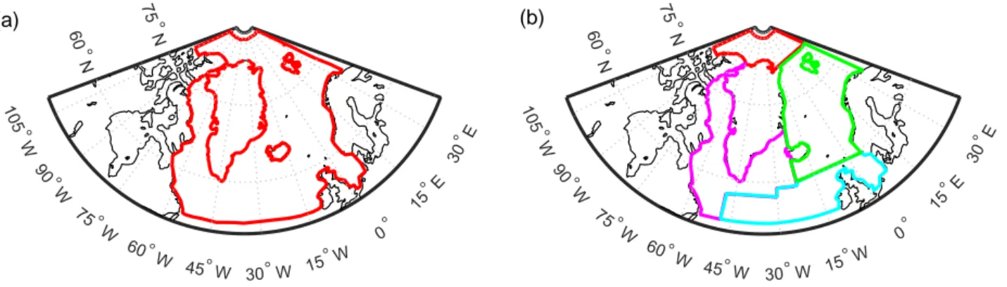 Figure A1. Parameterization of the ocean area around Greenland with one (a) and four (b) patches.