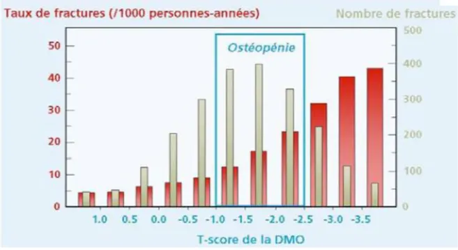 Figure 4 : nombre total de fractures rapporté au T-score de la DMO 