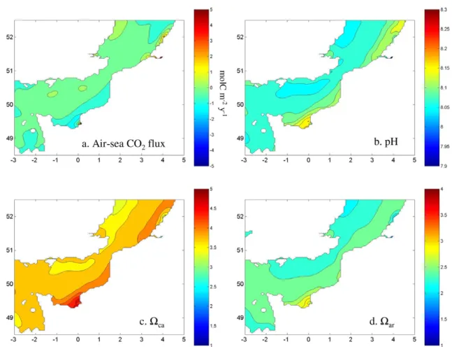 Fig. 11. Spatial distribution of annual means of: (a) air–sea CO 2 ﬂux (mol C m 2 yr 1 ), (b) pH, (c) saturation state of calcite ( X ca ) and (d) saturation state of aragonite ( X ar ) simulated for 2004, in the English Channel and Southern Bight of the N