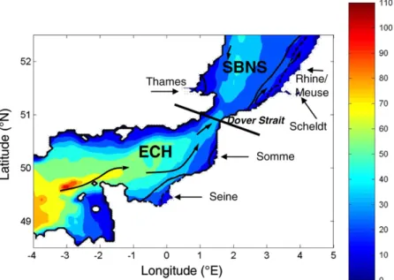 Fig. 1. Bathymetry (in m) of the English Channel and the Southern Bight of the North Sea with schematic advection (black arrows) and the different regions deﬁned based on sea surface salinity (SSS) (nearshore SSS &lt; 32 (dotted line), intermediate 32 &lt;