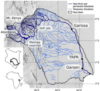 Fig. 1    Hill shade map of the Tana River Basin. The insets show  Kenya in Africa (bottom left) and the Tana River Basin within Kenya  (middle left)