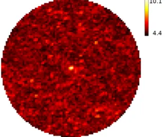 FIG. 4. SNR sky map for outlier A 14. The disk (0.025 rad radius) is centered on the location of the signal