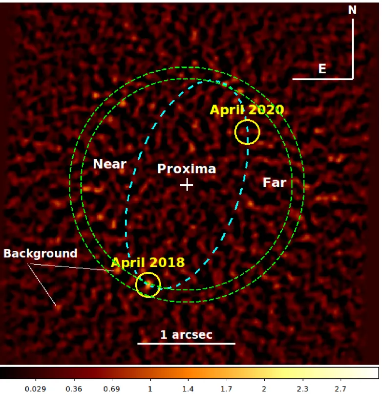 Fig. 1. Median of the five epochs of Proxima acquired near quadrature in 2018 (MJD 58222, 58227, 58244, 58257, 58288), combined assuming an inclination of i = 120 degree