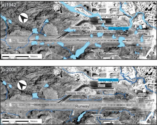 Figure  2.7.  Changes  in  hydrographic  network  of  Iqaluit  Airport  from  its  origin  a)  before  construction in 1942, and b) after construction in 2006 (Mathon-Dufour, 2014)