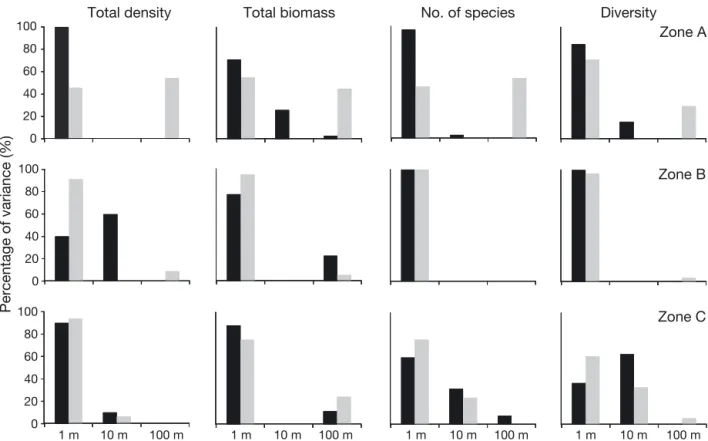 Fig. 4. Variance component analyses conducted on amphipod general descriptors in 2007 (black) and 2008 (grey), to estimate the variation among spatial scales (replicate: ~1 m; sector: ~10 m; site: ~100 m) in 3 zones in the TMPA with different levels of 