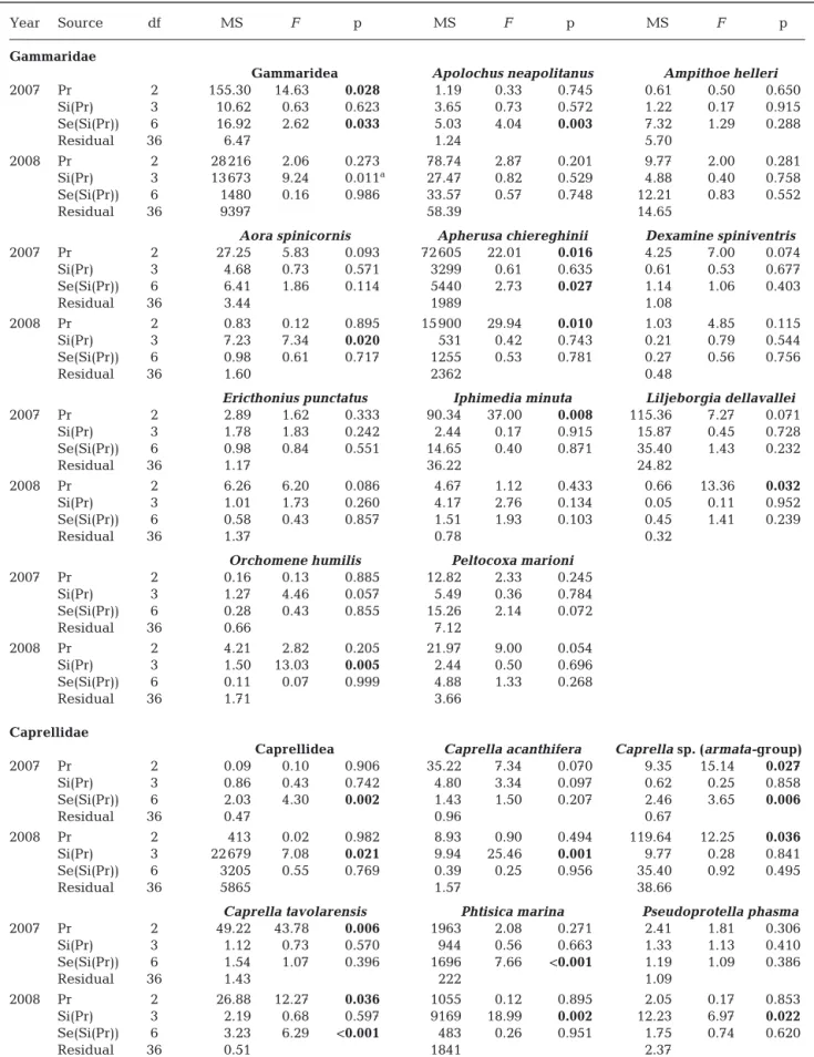 Table 3. Nested ANOVA for the density of the most frequent amphipod taxa (frequency [f]  ≥ 10%) in the TMPA in 2007 and  2008