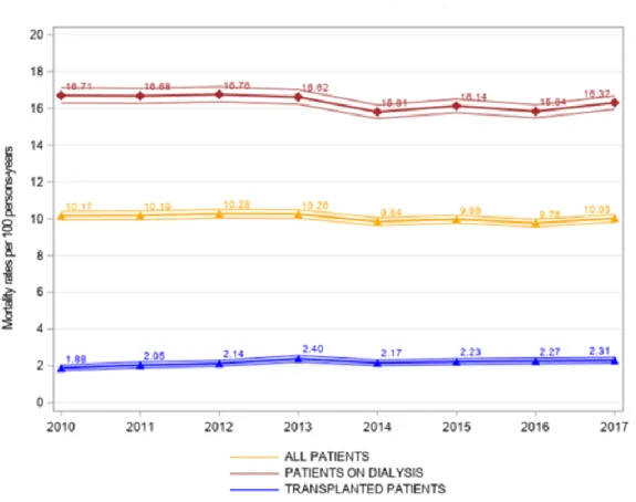 Figure 2 : Evolution du taux de mortalité (nombre de mort pour 100 patients-années). Donnée du  registre REIN 2017 (1) 