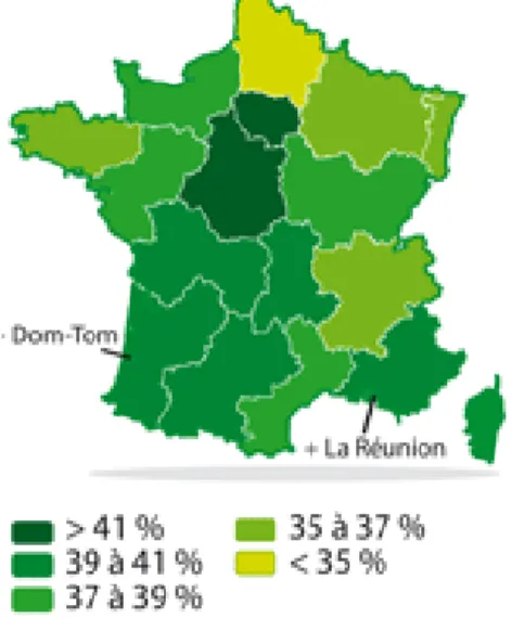 Figure 7.  Proportion des Médecins Généralistes de plus de 55 ans en France et par région en 2010  (65) 