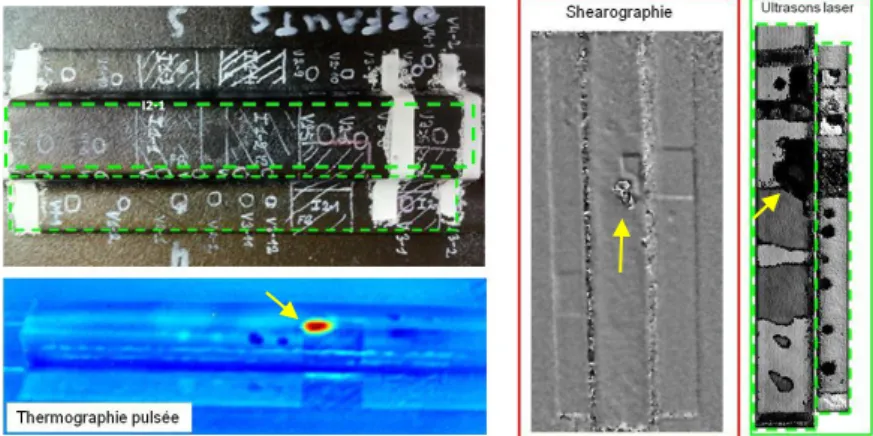 Figure 9. Seconde série de résultats obtenus sur l'échantillon 1 par thermographie, shearographie et  ultrasons laser